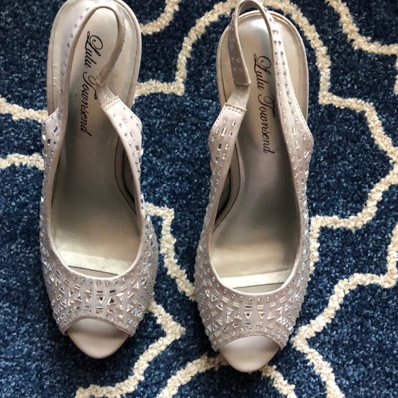 Lulu Townsend grey fabric bling sling-back open toed 5” heels - Picture 1 of 6